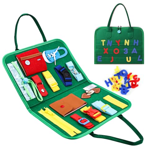 Esjay Busy Board, Montessori Toys to Learn Fine Motor Skill, Educational Sensory Board for 3+ Year Old, Activities for Travel Airplane Car,Green Alphabet
