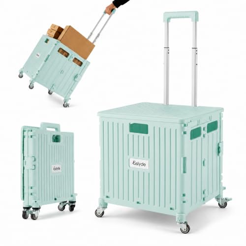 Eslyde Folding Utility Cart Portable Rolling Crate Handcart Shopping Trolley Collapsible Tool Box, with Lid, Basket on 4 Rotating Wheels, for Grocery, Garden, Office, Storage, Teacher, Tool (Green)
