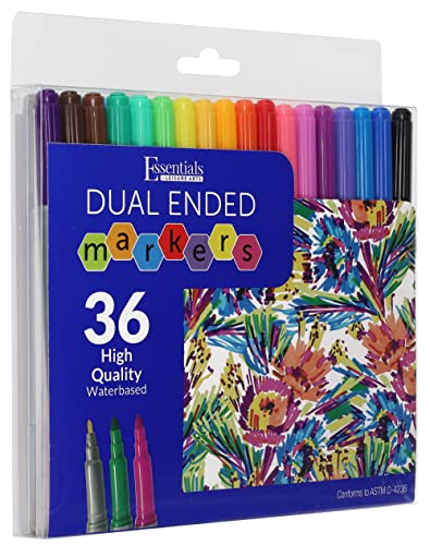 Essentials By Leisure Arts Dual Tip Markers 36pc, 18 Colors Water Based Markers, Bullet and Fine Tip, Blendable Art Markers, Journaling, Doodling, Adult Coloring, Drawing