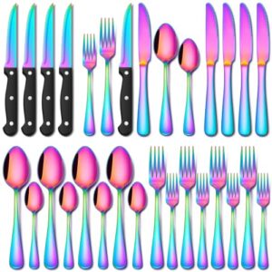EUIRIO 24 Piece Rainbow Silverware Set with Steak Knives Stainless Steel Flatware Set for 4 Cutlery Utensil Set Includes Knife Spoon and Fork Mirror Polished Dishwasher Safe for Home Restaurant