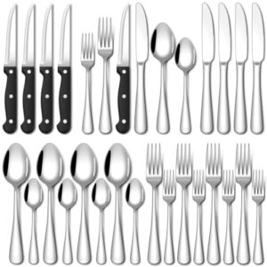 EUIRIO 24 Piece Silverware Set with Steak Knives Food Grade Stainless Steel Flatware Set for 4 Cutlery Utensil Set Includes Knife Spoon and Fork Mirror Polished Dishwasher Safe for Home Restaurant