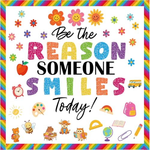 EUOYUFO Welcome Back to School Bulletin Board Decorations, 78 PCS Be the Reason Someone Smiles Today Bulletin Board Set, Teacher Supplies for Elementary School, Boho Classroom Decor