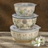 Euro Ceramica Ella 3 Piece Nesting Storage Bowls Set with Lids Assorted Multicolor Asian Floral Design, 82Fl oz