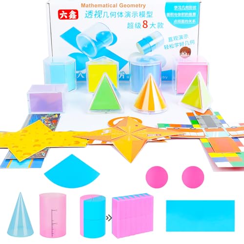 EXBEPE 3D Geometric Solids Geometric Shapes 8 Solids Shapes and 1 Cylinder Cone Volume Surface Area Demonstrator Set Teacher Aids Math Helper School Supplies