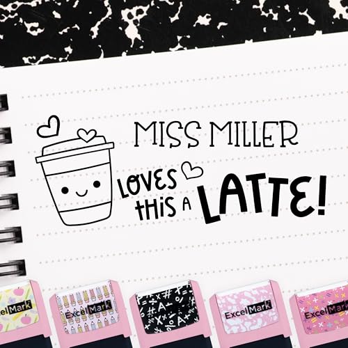 ExcelMark Personalized Teacher Stamps for Classroom - Custom Stamps for Grading - Puns of Praise with 12 Stylish Mount Patterns (Pink Mount, Loves This a Latte)