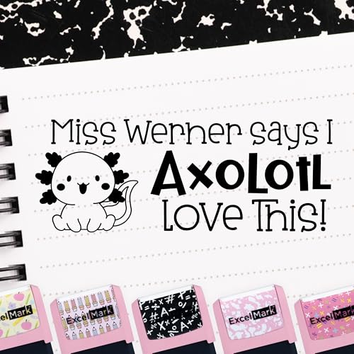 ExcelMark Personalized Teacher Stamps for Classroom - Custom Stamps for Grading - Puns of Praise with 12 Stylish Mount Patterns (Pink Mount, I Axolotle Love This)
