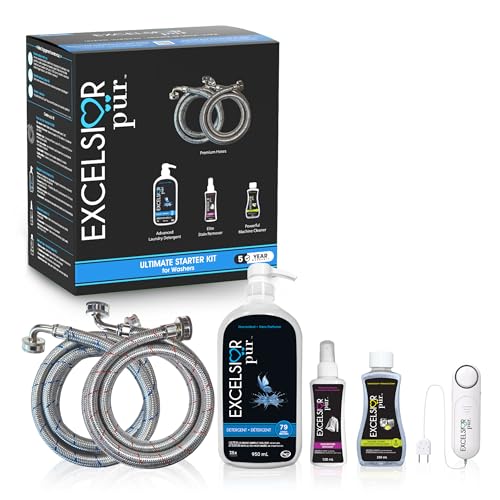 Excelsior Pür Laundry Starter Kit, Fragrance Free, 7.5x Concentrated HE Detergent (950 ml/79 Loads) + Enzyme Stain Remover + Machine Cleaner + Stainless Steel Washer Hoses + Leak Detector