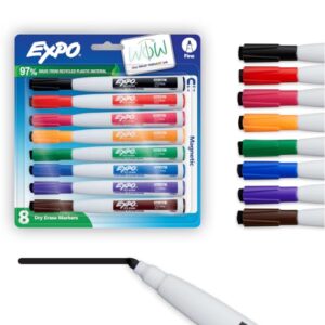 EXPO Magnetic Dry Erase Markers with Built-In Eraser, Fine Tip, Assorted Colors, 8 Count - Classroom White Board, Teacher Supplies, School Locker