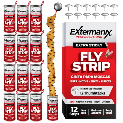 Extermanix Fly Strips for Gnats, Fruit Flies & House Flies – Extra Sticky Fly Paper – Indoor Sticky Hanging Fly Tape for Home & Kitchen – Non-Toxic Fly Ribbon Rolls with Pins – 12 Pack
