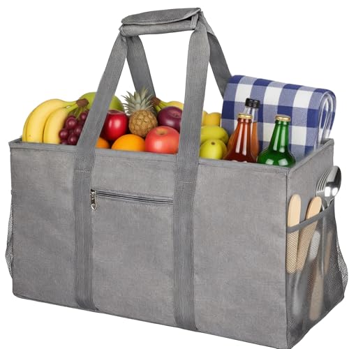 Extra Large Utility Tote Bag, 22 in Gray Reusable Shopping Bag with Handles, 600D Oxford Cloth, Foldable Storage Bag with Multiple Pockets, Open Top, Structured Frame, Firm Bottom Panel