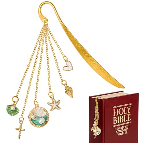 EYxsaxenk Ocean Theme Metal Bookmark - Golden Bible Charm Bookmark with Summer Beach Ocean Sea Pendant Tassels Page Marker Bible Accessory Faith Gift for Women Book Lover Birthday Gift Religious Decor