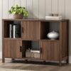 EYYTHUNG Fluted Storage Organizer Bookshelves, Modern Cube Bookcase with 3 Open Shelves and 3 Cabinets with Doors for Bedroom, Living Room, Office, Brown