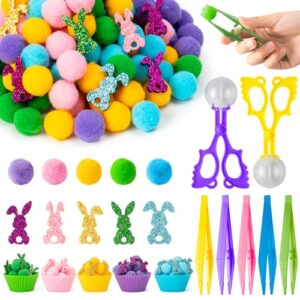 EZdhuawuse Summer Sensory Bin Fillers - 268P Summer Bunny Fine Motor Toys Rabbit Counting Sorting for Kids, Counting Toy with Shiny Bunny Pom Poms Cup Clip for Preschool Education Activities