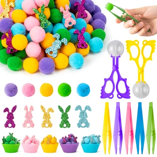 EZdhuawuse Summer Sensory Bin Fillers - 268P Summer Bunny Fine Motor Toys Rabbit Counting Sorting for Kids, Counting Toy with Shiny Bunny Pom Poms Cup Clip for Preschool Education Activities