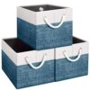 Fab totes Storage Bins 3-Pack, Foldable Storage Baskets for Organizing Toys, Books, Shelves, Closet, Large Storage Box with Rope Handles, Sturdy Organizer Bins, White & Blue