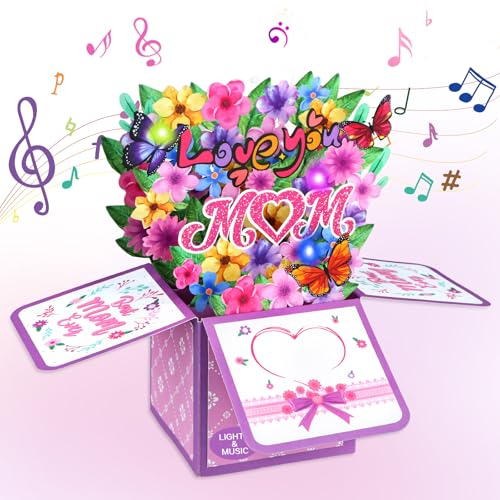 FaCraft Musical Mom Birthday Card - Love You Mom 3D Pop Up Mothers Day Card with Lights and Music, for Mom Wife Grandma - with Golden Envelope & Blank Insert