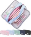 FAHZON Cute Pencil Case, 3 Large Compartments Pencil Pouch, Elastic Pen Slots&Mesh Pockets for Stationery, Pencil Bag for School Supplies with Zipper for Girls Boy Women Teens Adults-Blue