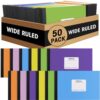 Fainne 50 Pack Wide Ruled Notebooks Bulk A5 Half Size, Colorful