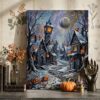 Fanciful Autumn Village Scene Pumpkins Halloween Canvas Wall Art 16x20