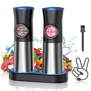 FAOGO Gravity Electric Salt and Pepper Grinder Set, USB Rechargeable Automatic Salt and Pepper Grinders with Charging Base, Adjustable Coarseness, One-Handed Operation, LED Light, Stainless Steel