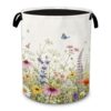 Farmhouse Laundry Basket with Handles, Foldable Oxford Clothes Hamper with Rustic Wildflowers, Portable Dirty Clothes Storage Bucket for Laundry Room Bedroom Bathroom Dorm,20.8x16 Inch