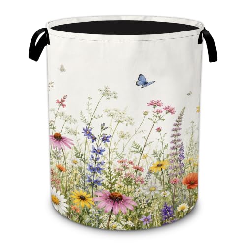 Farmhouse Laundry Basket with Handles, Foldable Oxford Clothes Hamper with Rustic Wildflowers, Portable Dirty Clothes Storage Bucket for Laundry Room Bedroom Bathroom Dorm,20.8x16 Inch