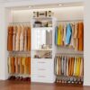 Fastgo Closet System with Drawers, 2FT-9.8FT Hanging Closet Organizer System with 4 Expandable Hanging Rods&Adjustable Shelves, Modular Closet Systems with Light & Mirror, White