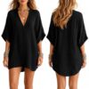 Fcteap Women's V-Neck Batwing Sleeve Beach Cover Up Mini Dress, Loose Fit (Black,Large)