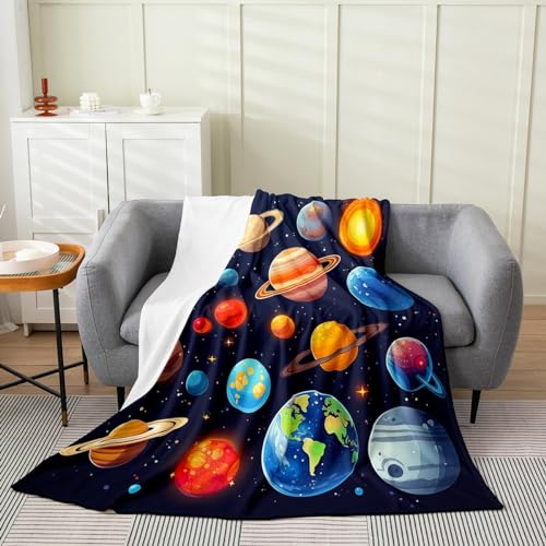 Feelyou Black Solar System Flannel Fleece Throw Blanket for Sofa Couch Girls Boys Throw 50"x60" Outer Space All Season Bed Blanket Room Decorative Universe Planets Fuzzy Blanket Galaxy Plush Blanket