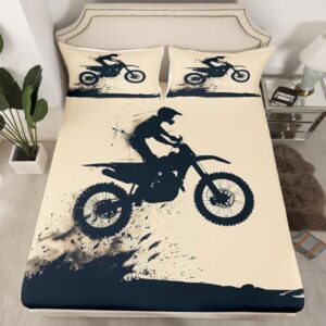 Feelyou Cool Motocross Fitted Sheet Twin Size Dirt Bike Bed Sheet Set Ultra Soft Motorcycle Racer Fitted Sheet for Kids Boys Girls Motorcycle Bed Cover Room Decor Motorbike Bed Set