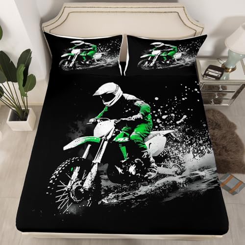 Feelyou Dirt Bike Fitted Sheet Twin Size Racing Themed Bed Sheet Set Ultra Soft Racing Motocross Rider Fitted Sheet for Kids Boys Girls Motorcycle Bed Cover Room Decor Motorbike Bed Set