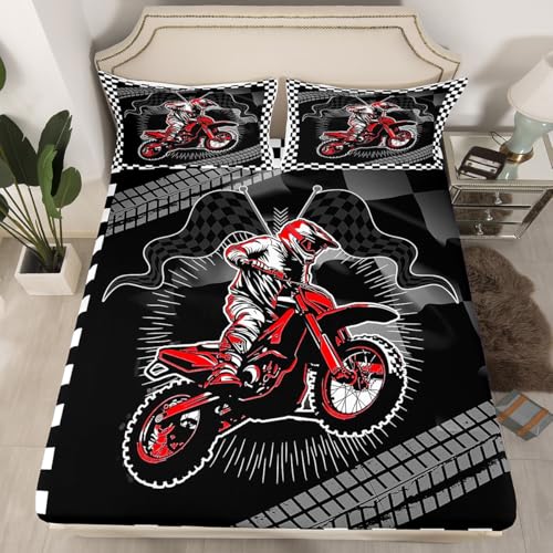Feelyou Dirt Bike Fitted Sheet with 2 Pillowcases for Kids Boys Girls,Queen,Motorcycle Racer Bed Sheets Set 16" Deep Pocket,Cool Motocross Bedding,Extreme Sports,Fashion Motorcycle Bedroom Decor