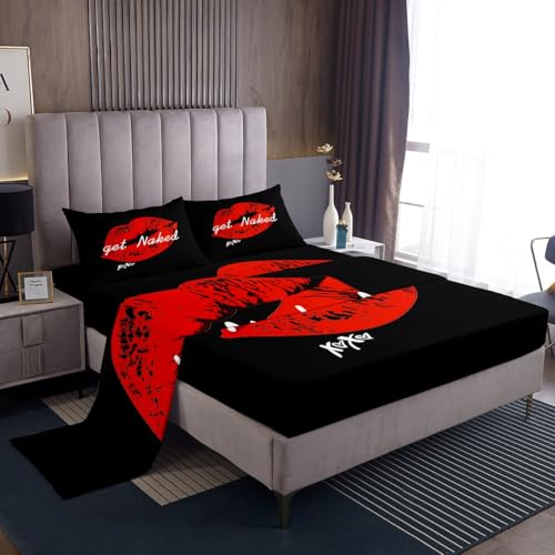 Feelyou Sexy Red Lips Bed Sheet Set Get Naked Bedding Set for Couple Lover Men Women Funny Quotes Fitted Sheet Modern Fashion Stylish Black Red White Bed Cover Room Decor Queen Size 4Pcs