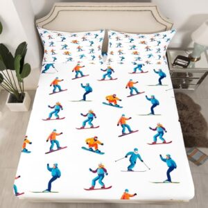 Feelyou Ski Sports Twin Size Fitted Sheet for Kids Boys Men Winter Ski Theme Teens Bedding Set Cute Colorful Skier Print Bed Sheet Set Sports Themed Bedroom Decor（No Flat Sheet）