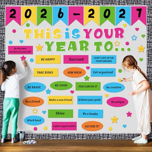 Feifeiya 81 Pcs This is Your Year Bulletin Board Set Motivational Classroom Decorations with Black White Plaid Burlap Borders Back to School Inspirational Cutouts for Office Chalkboard Wall Decor