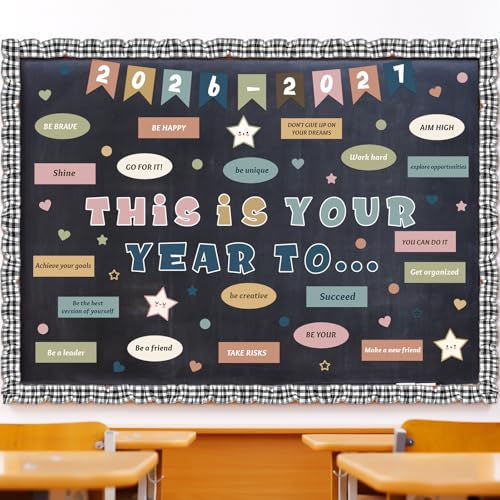 Feifeiya 81 Pcs This Is Your Year Bulletin Board Set Welcome Back to School Classroom Bulletin Board Decor Boho Motivational Inspirational Cutouts Buffalo Plaid Burlap Border for Chalkboard Wall Decor