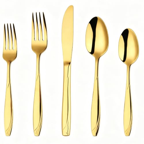 Felvixanor 40-Piece Gold Silverware Set for 8, Stainless Steel Flatware Cutlery Set with Wave Pattern Thickened Handle, Mirror Polished Tableware for Family Gathering Party, Dishwasher Safe