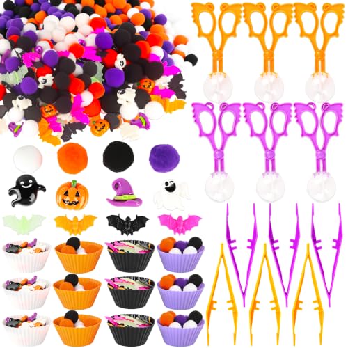 Feradny 504 Pieces Halloween Fine Motor Toys Counting Sorting Toys for Kids Sensory Bin Filler Include 400 Felt Pom Poms 12 Cups 6 Tweezers 6 Clips 40 Plastic Pumpkin Witch Hat Ghost 40 Bat