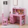 Festisoul Kids Desk and Chair Set, Wooden Study Desk with Bookshelf, Bulletin Board, Cabinet & Drawer, Writing Table for Boys and Girls Ages 3-8, Pink
