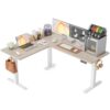 FEZIBO 63" x 55"L Shaped Standing Desk Adjustable Height, Electric Stand up Corner Computer Desk, Sit Stand Home Office Desk with Splice Board, Light Walnut Top/White Frame