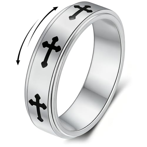 Fidget Toys Adults Spinner Women, Cross Anxiety Relief Stainless Steel Dual Layers Thumb Jewelry Spinning Band Silver Gold Plated Size 6 7 8 9 10 (A-Silver-Cross, Size 10)