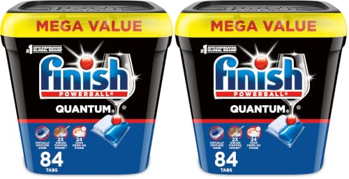 Finish Quantum Dishwasher Pods, No Pre-Rinse Dishwasher Detergent Soap Removes 24HR Dried-On Stain and Grease, Leaving a Virtually Spotless Shine, 84 Count (Pack of 2)