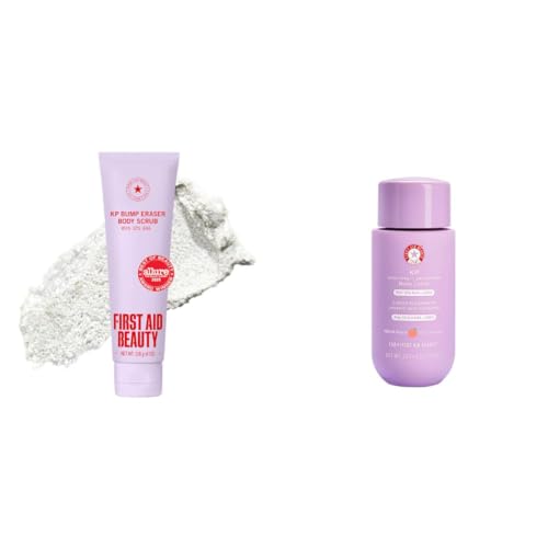 First Aid Beauty KP Bump Eraser Body Scrub, 4 oz, Unscented + First Aid Beauty KP Smoothing and Brightening Body Lotion, 6.7 fl oz, Peach Bundle