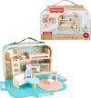 Fisher-Price Wood Pretend Play Toy Dollhouse Carry Along, 15-Piece Wooden Portable Playset for Travel Preschool Kids Ages 3+ Years
