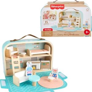 Fisher-Price Wood Pretend Play Toy Dollhouse Carry Along, 15-Piece Wooden Portable Playset for Travel Preschool Kids Ages 3+ Years