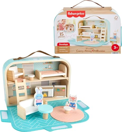 Fisher-Price Wood Pretend Play Toy Dollhouse Carry Along, 15-Piece Wooden Portable Playset for Travel Preschool Kids Ages 3+ Years