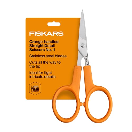 Fiskars 4" Orange-Handled No. 4 Straight Detail Scissors, Precision Stainless Steel Blades, Ambidextrous Double-Loop Handle, Sewing & Crafting Scissors for Tight Patterns & Complex Detail Cutting