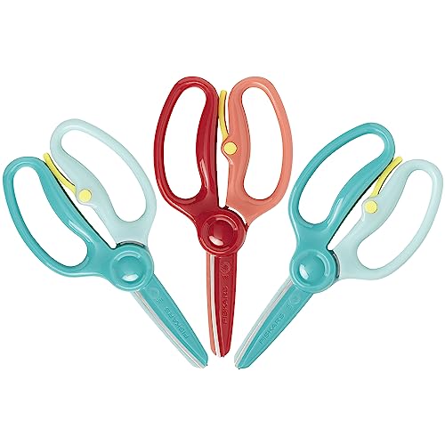 Fiskars Training Scissors for Preschoolers Ages 3+ (36-Pack), Small Kids Safety Scissors with Training Lever, Easy to Use, Preschooler Art Supplies, Back, School, Turquoise and Red, Metal, Plastic