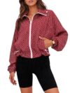 Fisoew Womens Zip Up Cropped Jackets Polka Dot Oversized Long Sleeve Collared Lightweight Trendy Casual Coats