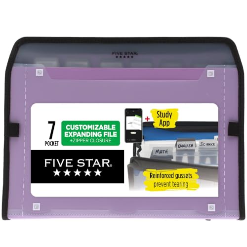 Five Star 7 Pocket Expanding File Organizer + Study App, Plastic Expandable File Folders with Customizable Tabs & Clear Cover, Holds 8-1/2" x 11", Zipper Closure, Amethyst Purple (351700G)